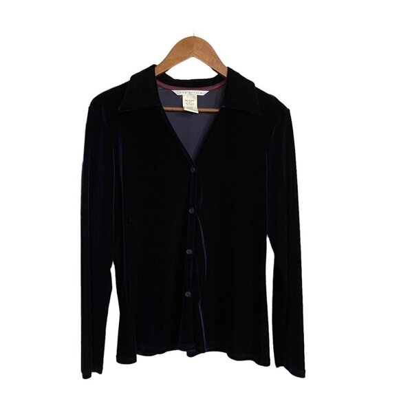 Max Studio Vintage Womens Y2K Blue Velvet Button Up Lightweight Cardigan Large - Picture 1 of 5